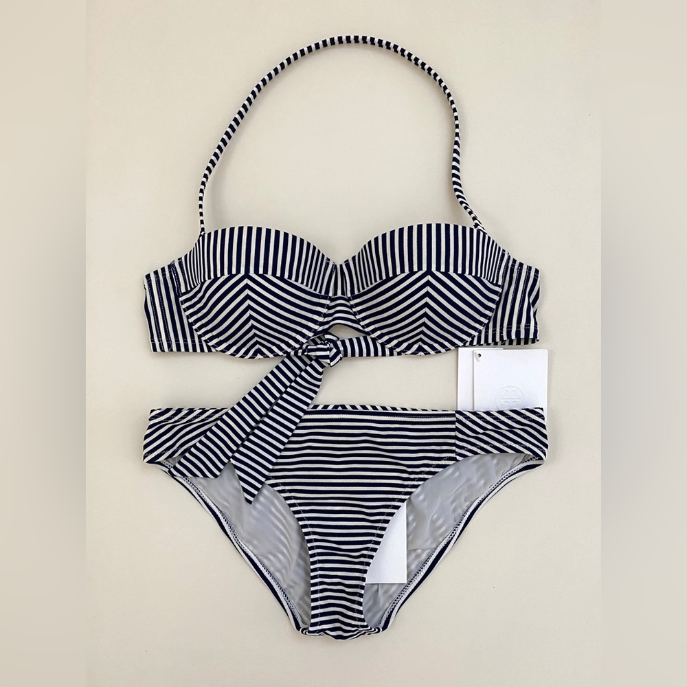 Tory Burch Navy Classic Striped Underwire Bra and Hipster Bottom Swim Suit Set